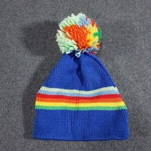 Smiley 100% Wool Beanie Toque Ski Pom Pom Hat Blue Rainbow‎